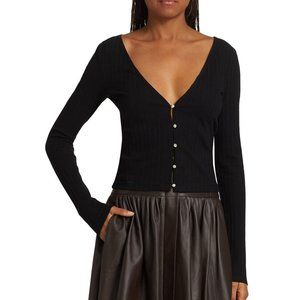Vince V-Neck Ribbed Slightly Cropped Faux Pearl Button Cardigan Black Small